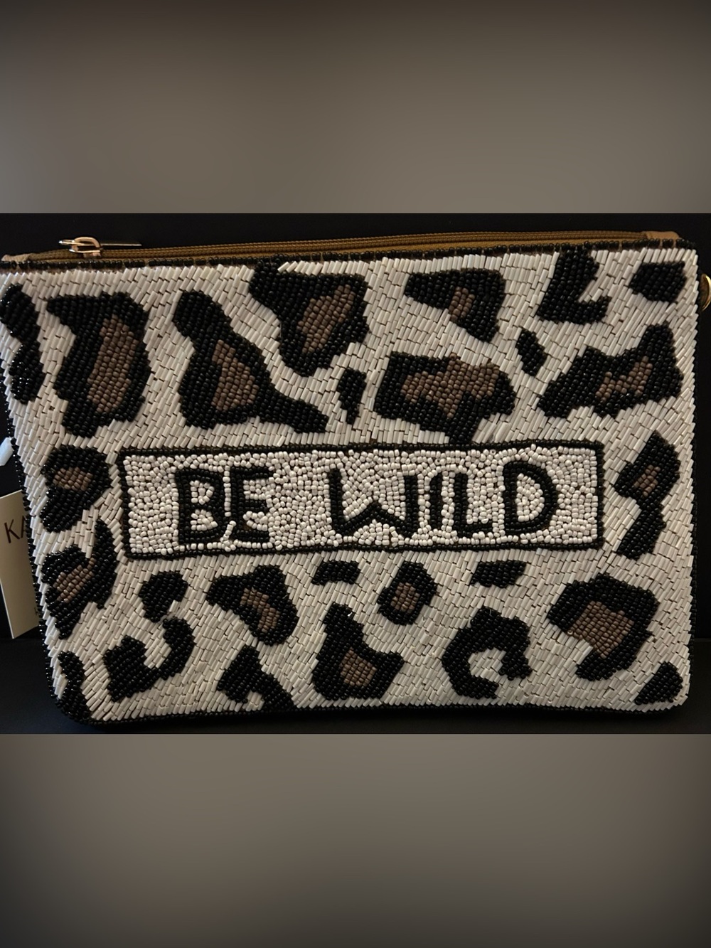 Beaded Leopard Animal Print ‘Be Wild' Zip Clutch- Black, Off-White & Brown